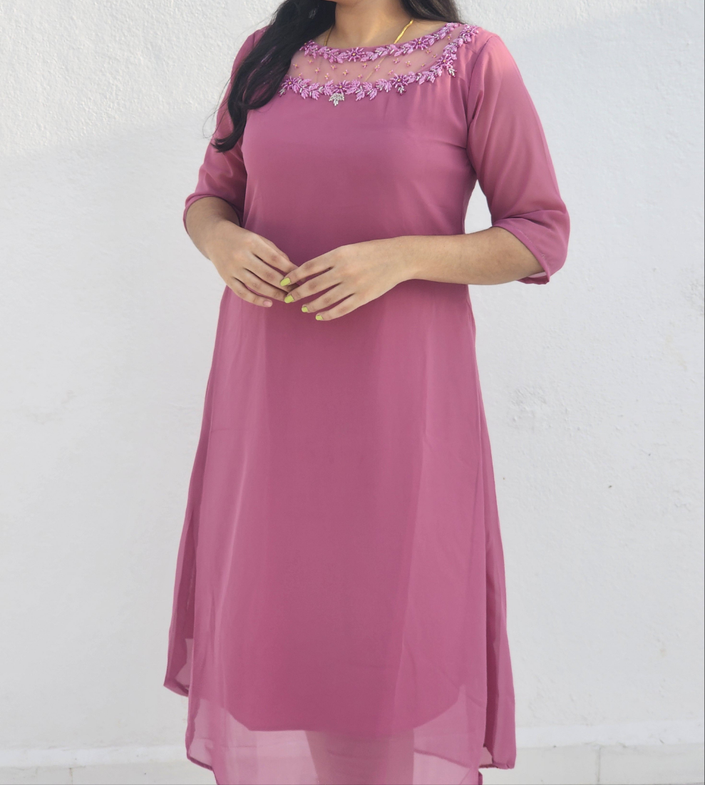 Jewel neck Georgette Kurti-V376
