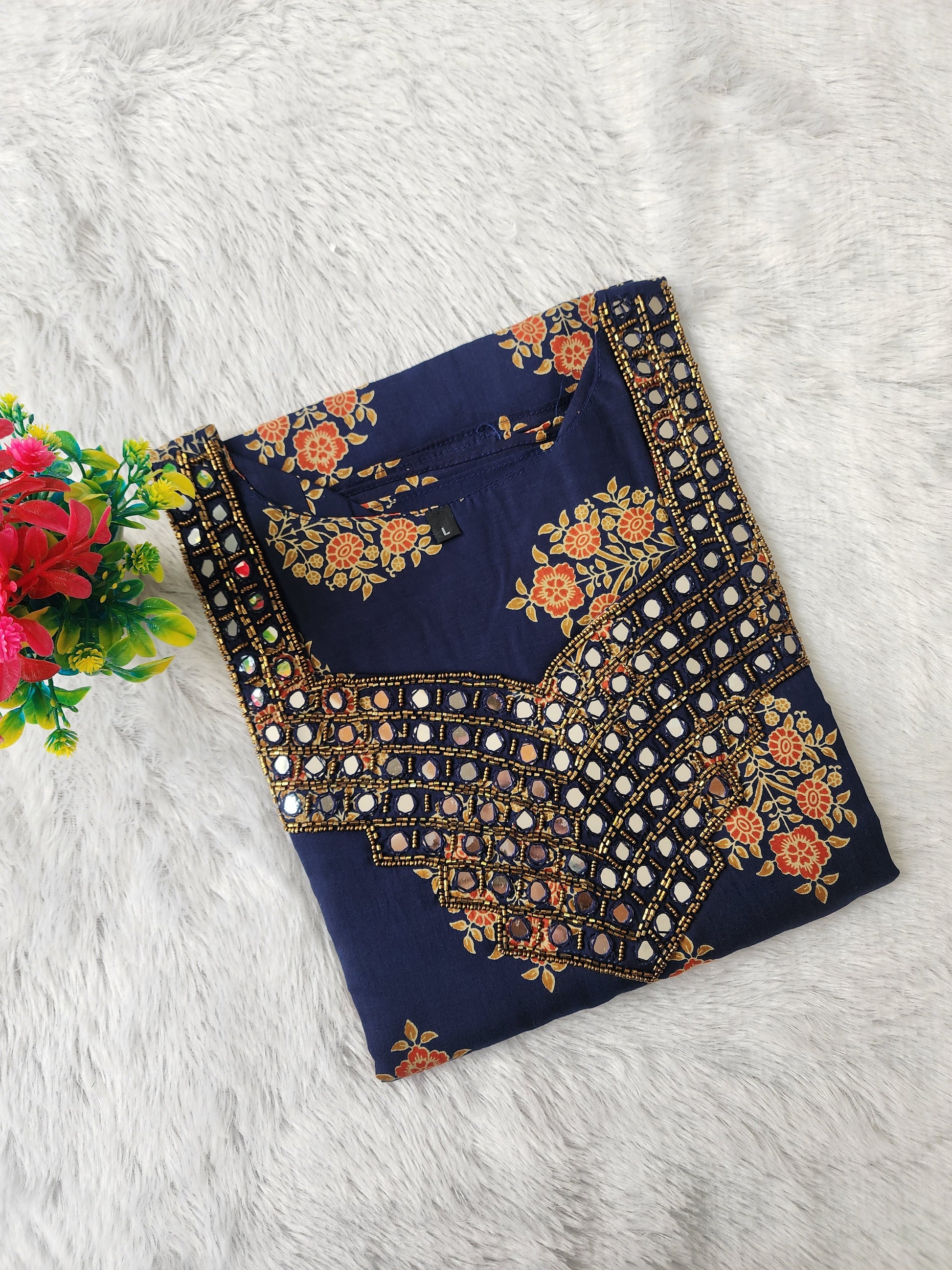 Cotton Mirror work kurti-V432